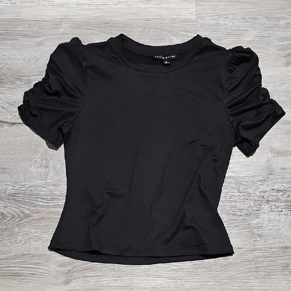 EUC Haute Monde Black Ruched Sleeve Top